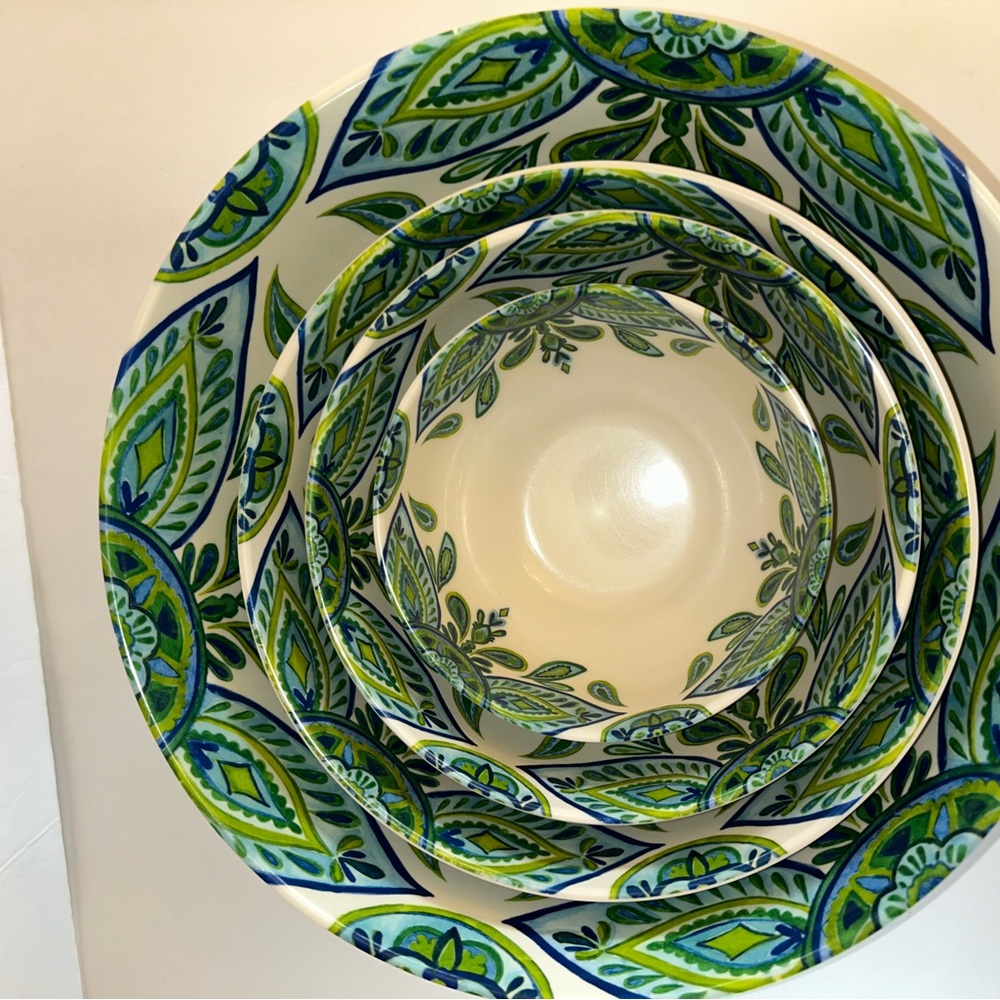 Melamine Bowl Set-Vibrant Green and Blue Patterned, 4 pieces